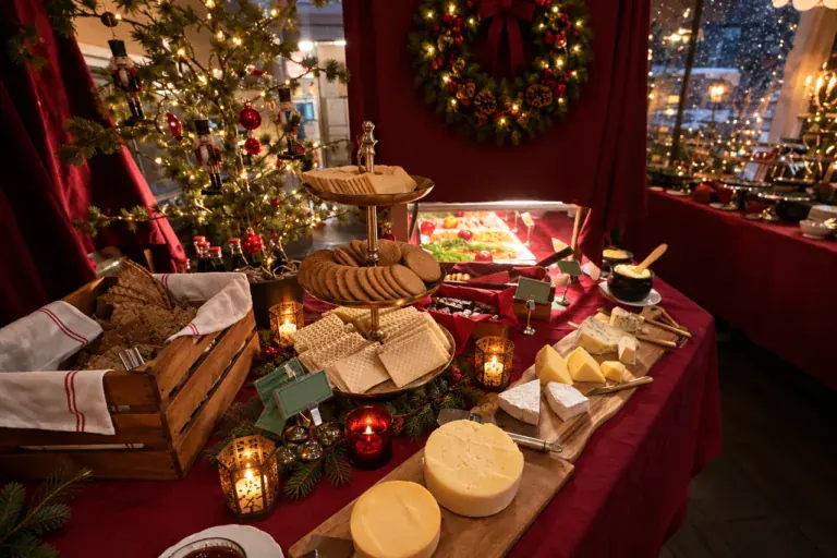 Bröd, knäckebröd och ostar på Brostugans julbord på Kärsön, med julgran och krans.