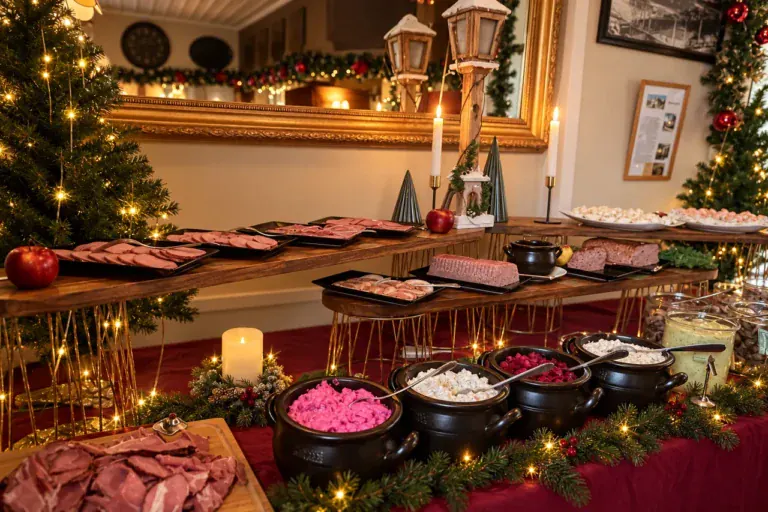 Juldekorerad charkbuffé med skivat kött, patéer och tillbehör på Brostugan på Kärsön.
