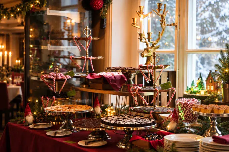 Dessert- och gottebord med bakverk, julgodis och små juldekorationer på Brostugan på Kärsön