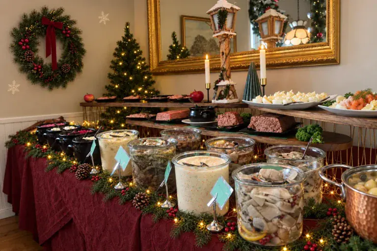 Sill, lax och kalla rätter på Brostugans julbord, med julkrans och vinröd duk.