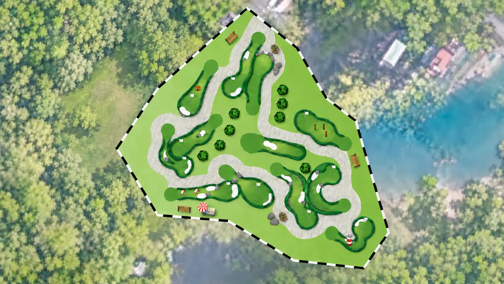 Illustration av Brostugans planerade äventyrsgolfbana på Kärsön med bänkar och glassvagn