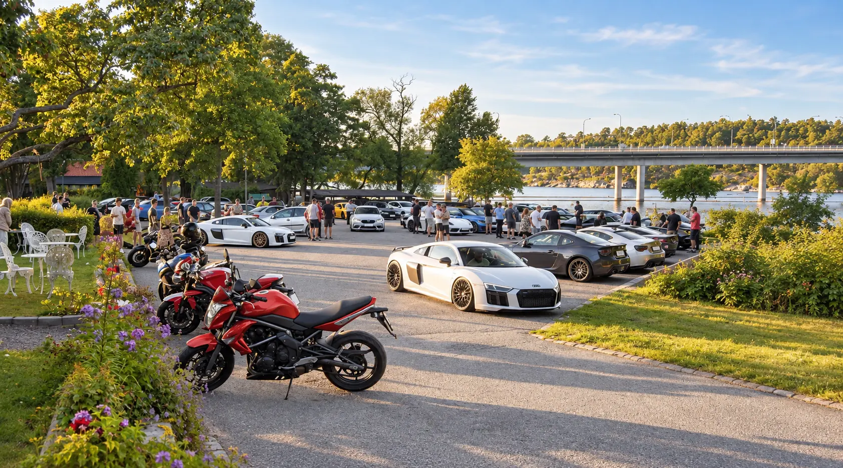Sportbilar, motorcyklar och besökare på bilträff vid Brostugan på Kärsön.