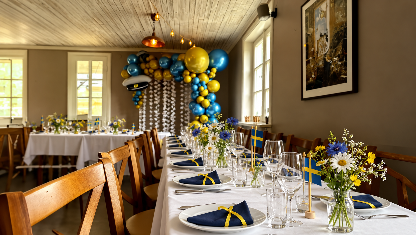 Studentdukning med blågula detaljer och sommarblommor i Brostugans festvåning