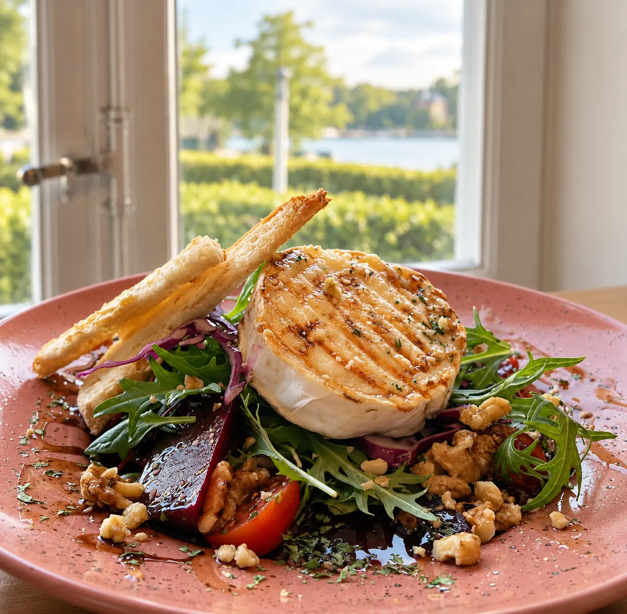 Rostad chèvre med rödbetor, ruccola och valnötter på Brostugan på Kärsön.