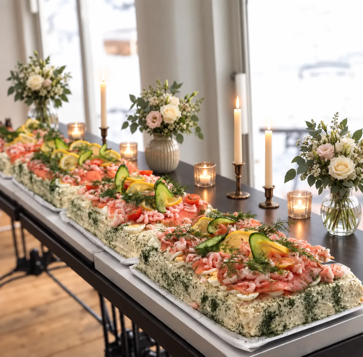 Smörgåstårtor uppdukade med blommor och tända ljus för en minnesstund på Brostugan.