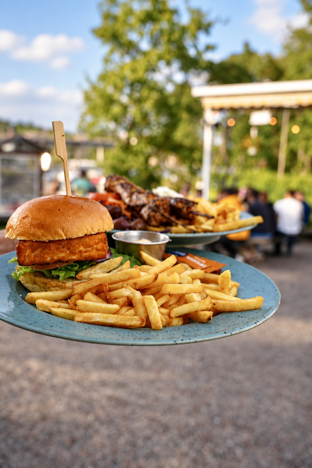 Burgare med pommes frites på Brostugans uteservering