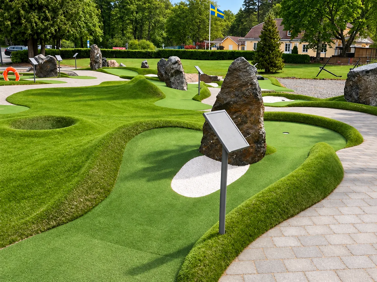 Närbild av Brostugans äventyrsgolf med stenblock och böljande spelbana