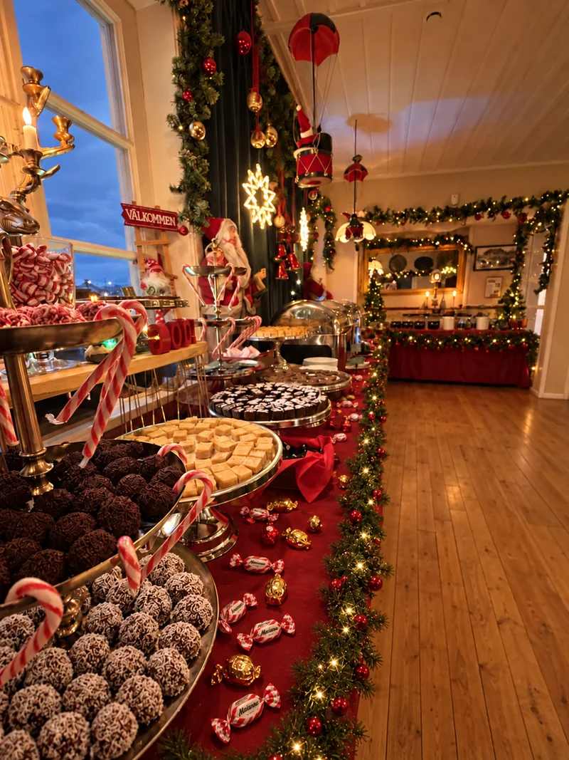 Brostugans dessert- och gottebord med kokosbollar, julgodis och en julgirlang längs bordskanten