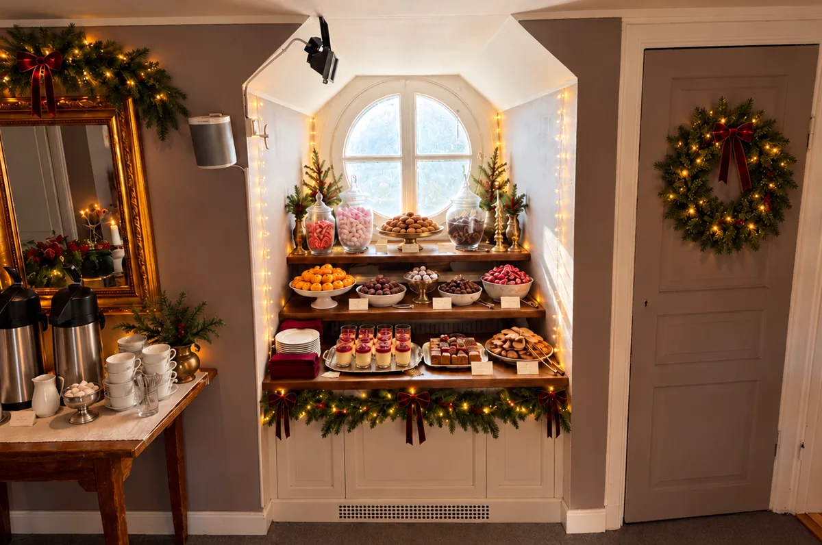 Övervåningens dessertbord på Brostugan med bakverk och julgodis vid det runda fönstret