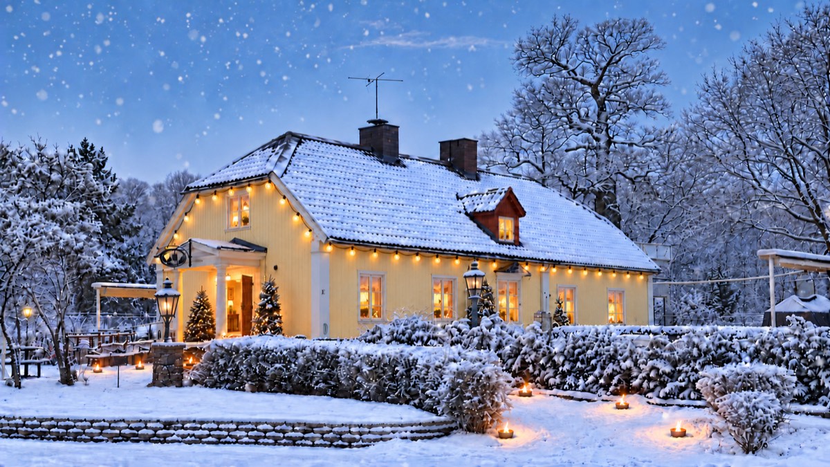 Brostugans snötäckta entré med öppen dörr, varmt fönsterljus och glödlampslingor.