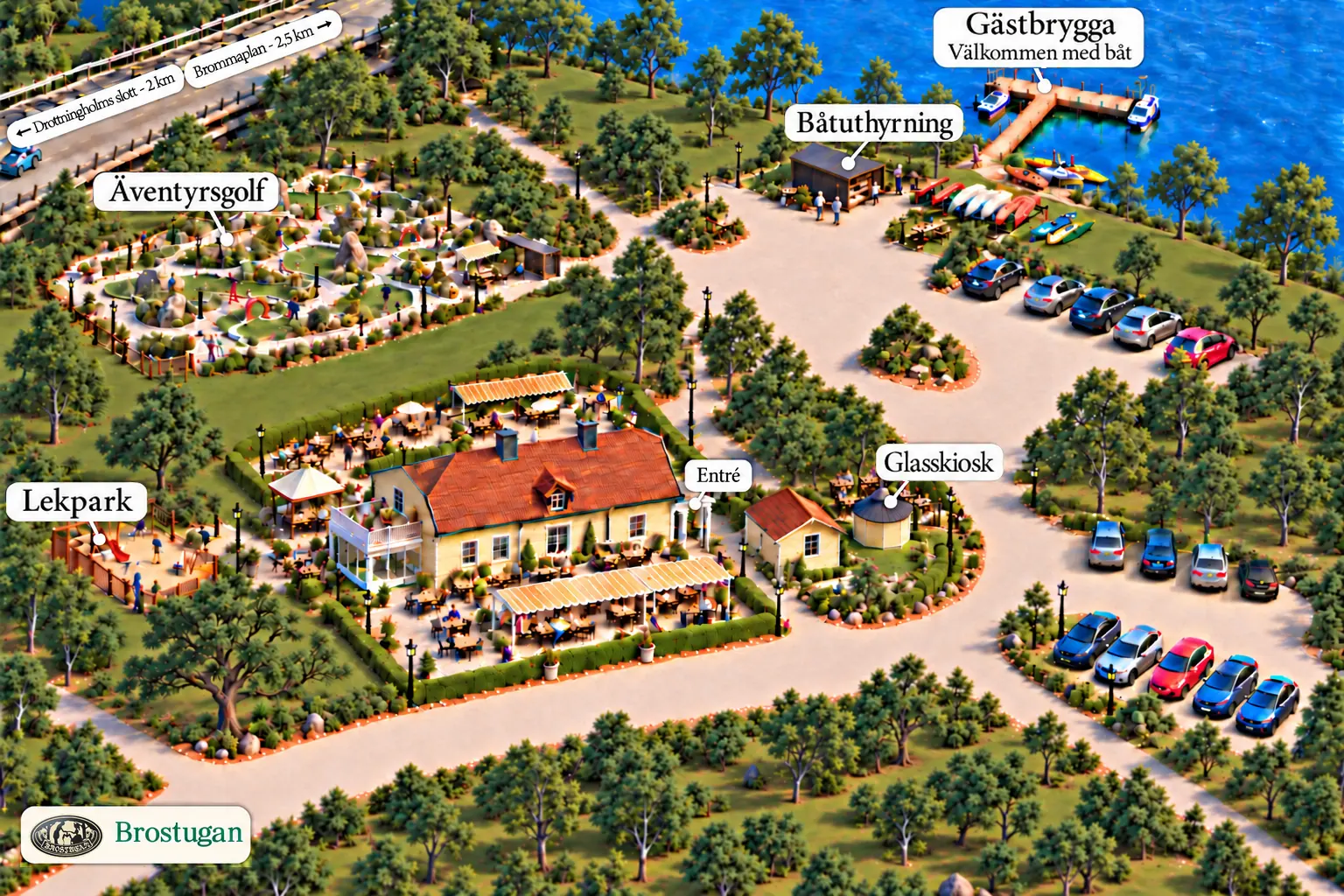 Illustrerad områdeskarta över Brostugan på Kärsön med entré, äventyrsgolf, lekpark, glasskiosk, uteserveringar, parkering, båtuthyrning och gästbrygga.