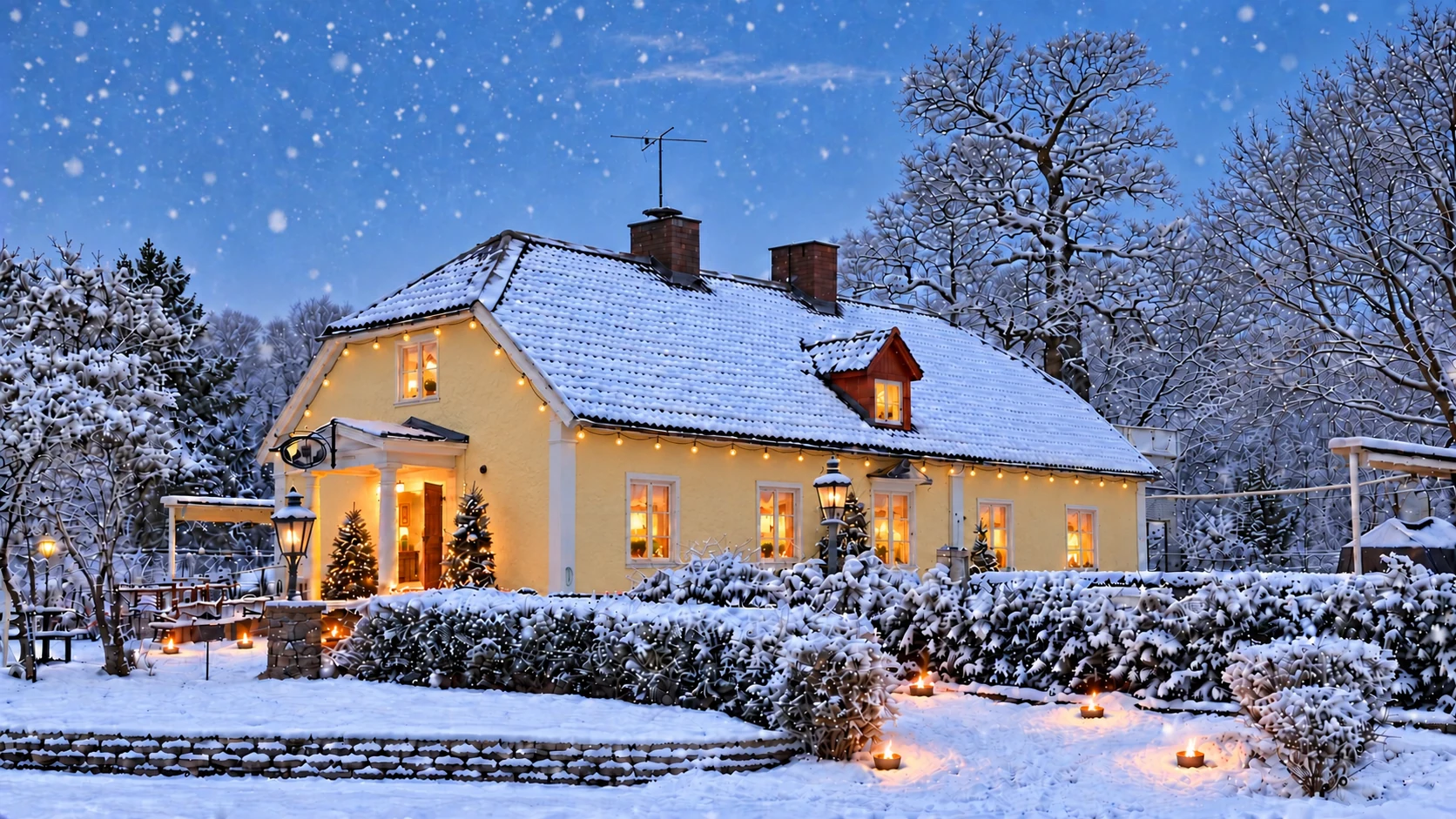 Brostugans gula putsfasad och snötäckta entré med varm belysning och små glödlampor längs taket.
